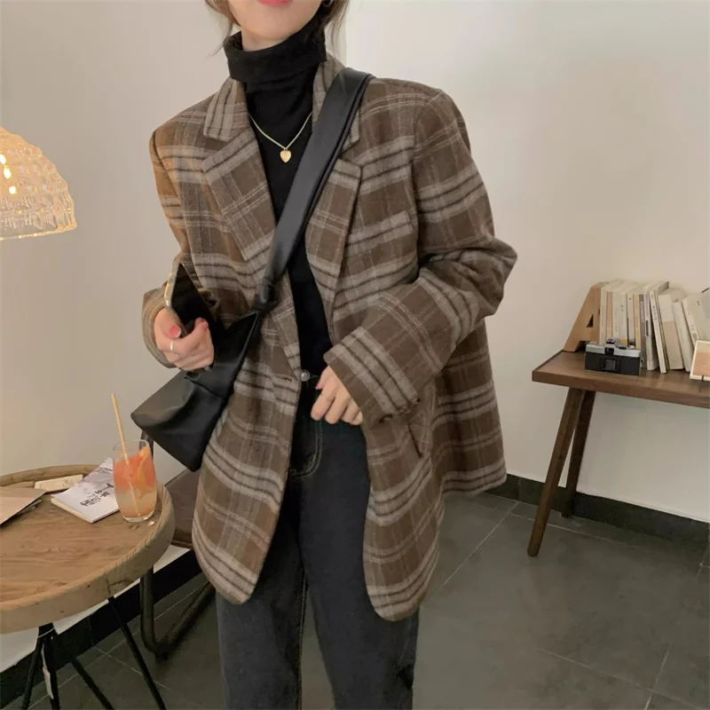 Retro Plaid Woolen Casual Suit Jacket For Women 2024Spring Autumn Korean Version Loose Fitting Mid Length Suit top Small Stature