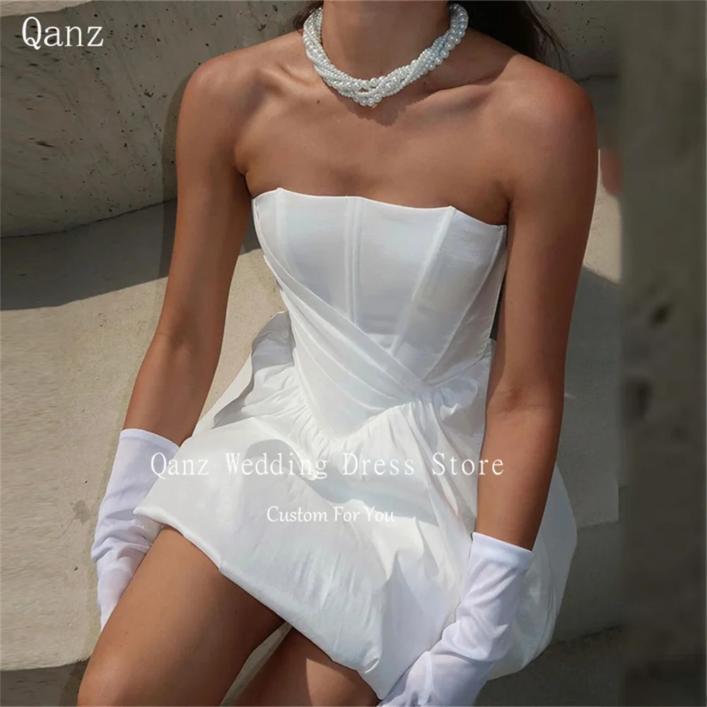 

Qanz White Strapless Wedding Dresses Corset Back Short Above Length Sexy Vestido De Casamento No Glovesves Pleat Tido De Noivas