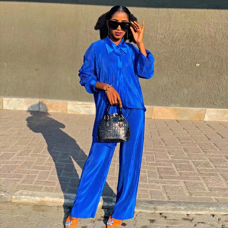 oversize blouses baggy pants Elegant pleated women 2 piece outfit 2024 new Two Piece Sets top and pants lounge fashion plus size