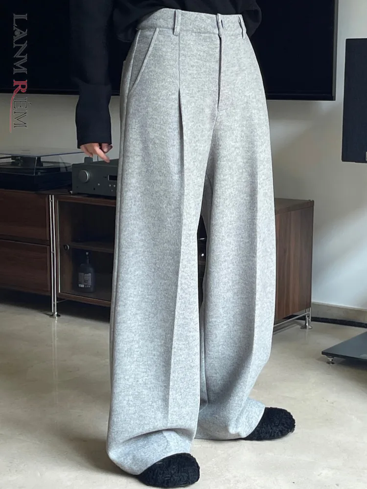 

[LANMREM] 2023 Winter New Woolen Casual Long Trousers For Women High Waisted Broad Legs Loose Comfortable Thick Pants 2023 2R832
