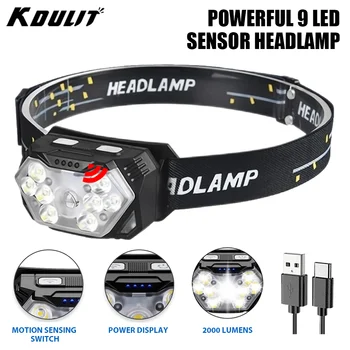 강력한 LED 센서 헤드램프, USB 충전식 헤드라이트, LED 헤드 토치, 캠핑 서치 라이트, 배터리 내장 낚시 랜턴