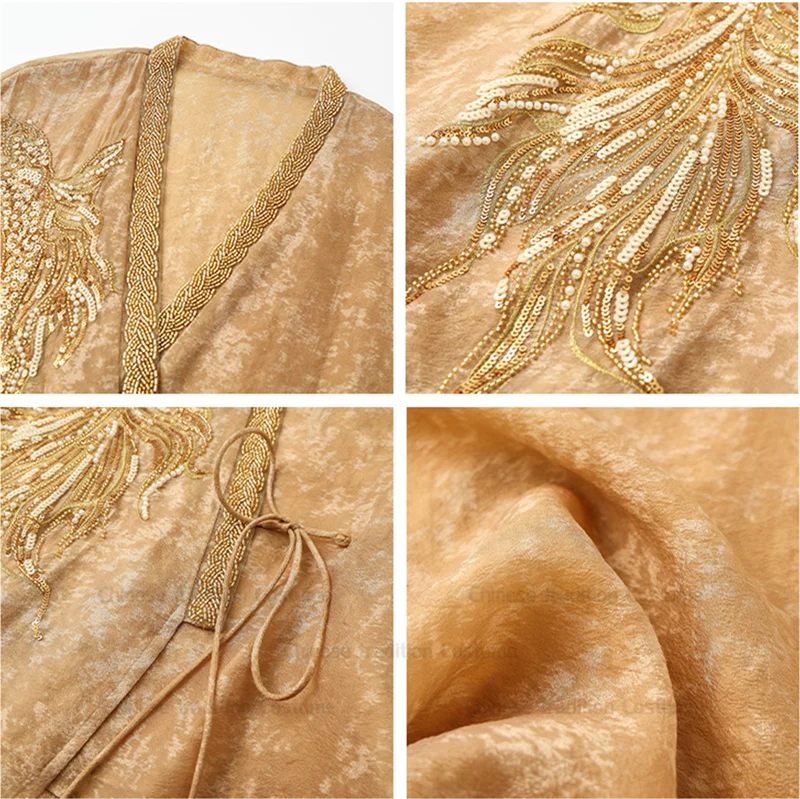 Gold Chinese Style Coats Women Rayon Tang Clothes Loose Kimono Cardigan Luxury Sequins Embroider Hanfu Top Lady Outwear
