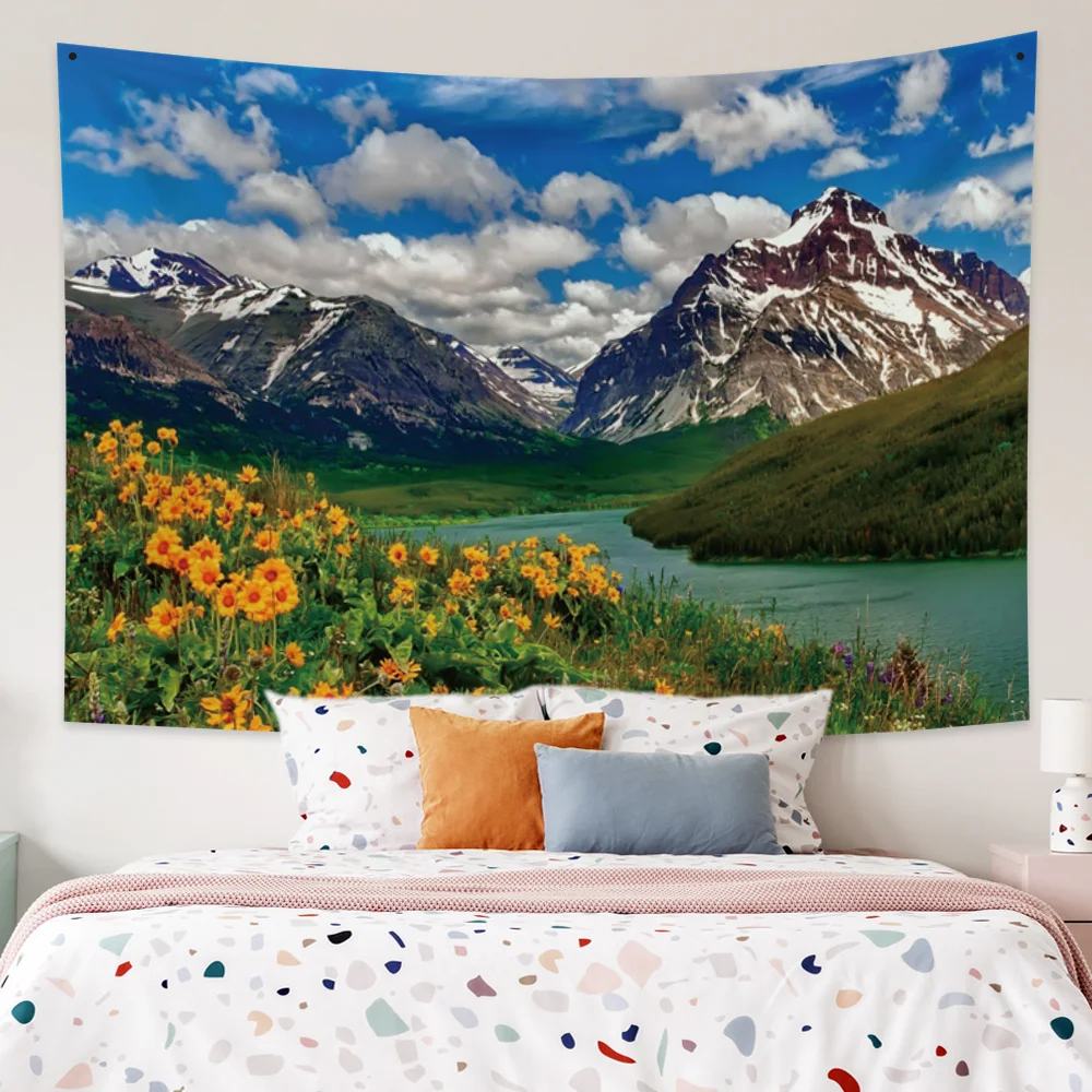 

Flower Mountain Natural Scenic Tapestry Beautiful Landscape Print Large Wall Hanging Bohemian Tapestries Mandala Wall Art Decor