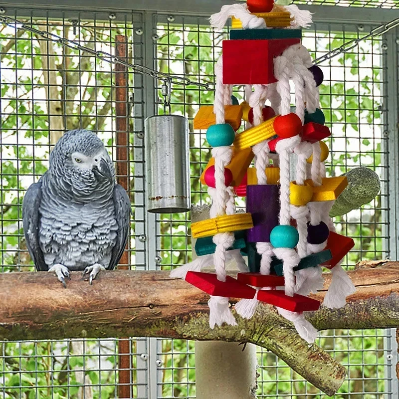 1Pc Bird Toy Funny Wooden Blocks Parrot Chewing Toys Parrots Hanging Chewing Rope Swing Colorful Parrots Chewing Training Tool 2