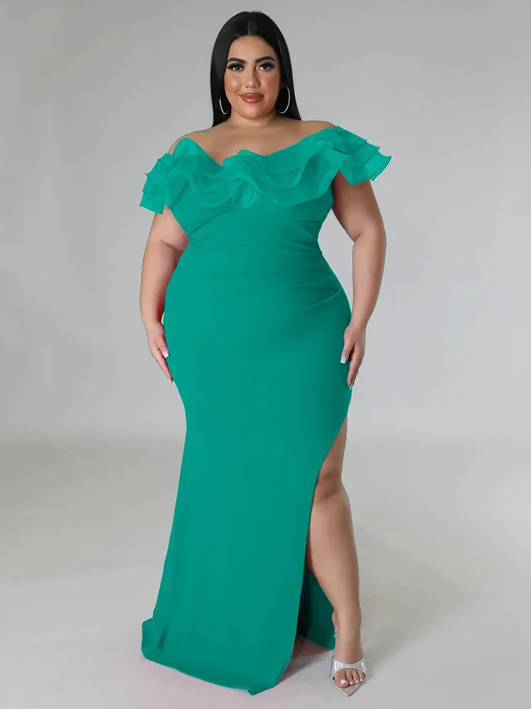 Wmstar Plus Size Party Dresses Women Sexy Petal Collar Elegant Slip Hem Solid Maxi Dress Summer Clothes Wholesale Dropshipping