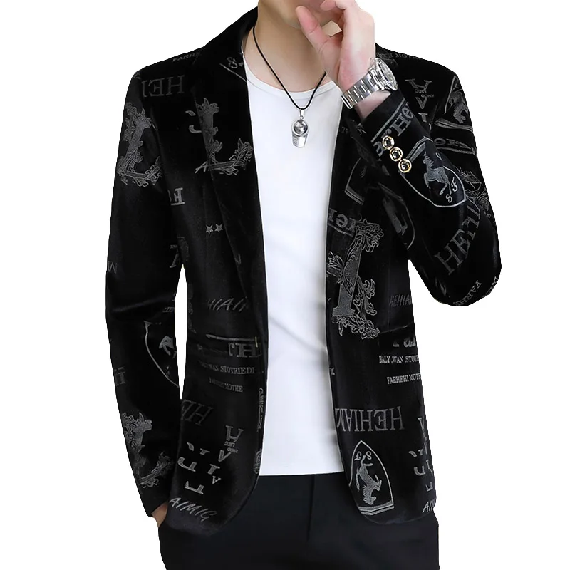 Men Blazers Brand Clothing Luxury Velvet Suit Jacket Men Fashion Bronzing Printed Blazer Masculino Slim Fit Casual Business Social Blazers