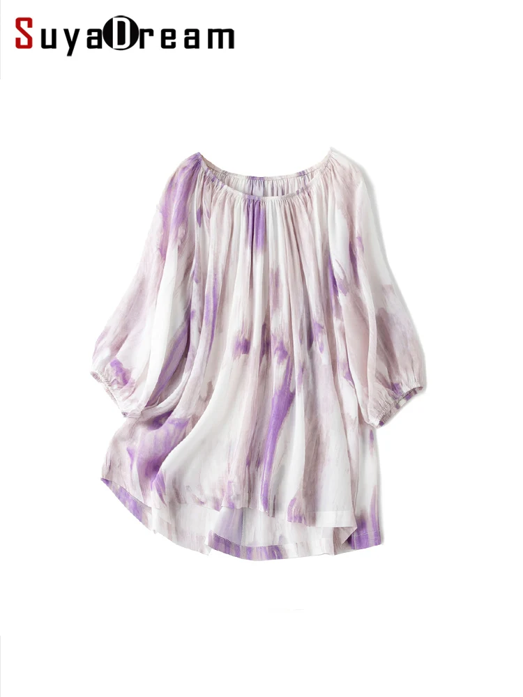 suyadream-women-printed-blouses-100-silk-crepe-slash-neck-lantern-sleeves-shirts-2023-summer-new-casual-top-purple