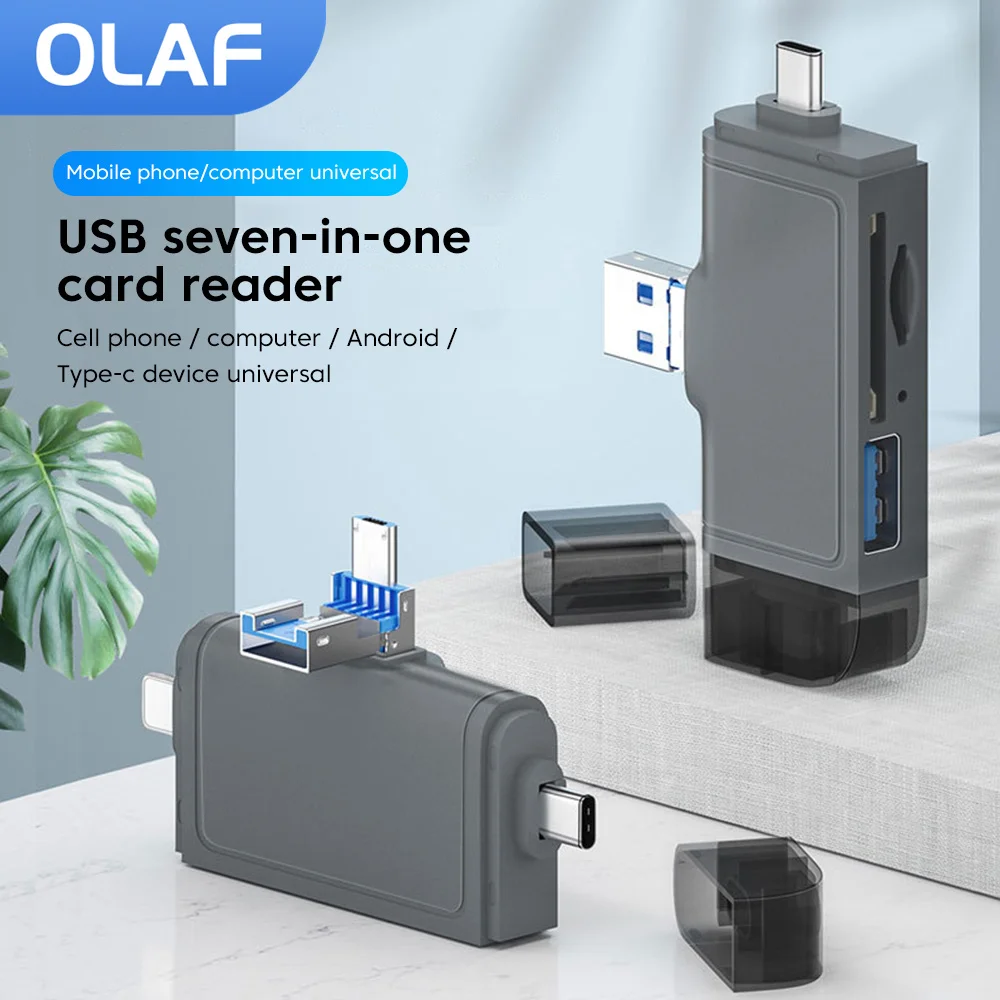 

Olaf 7 IN1 Multifunctional Card Reader SD TF USB Type-C Micro USB Card Reader OTG Converter Plug And Play For Phones Laptops