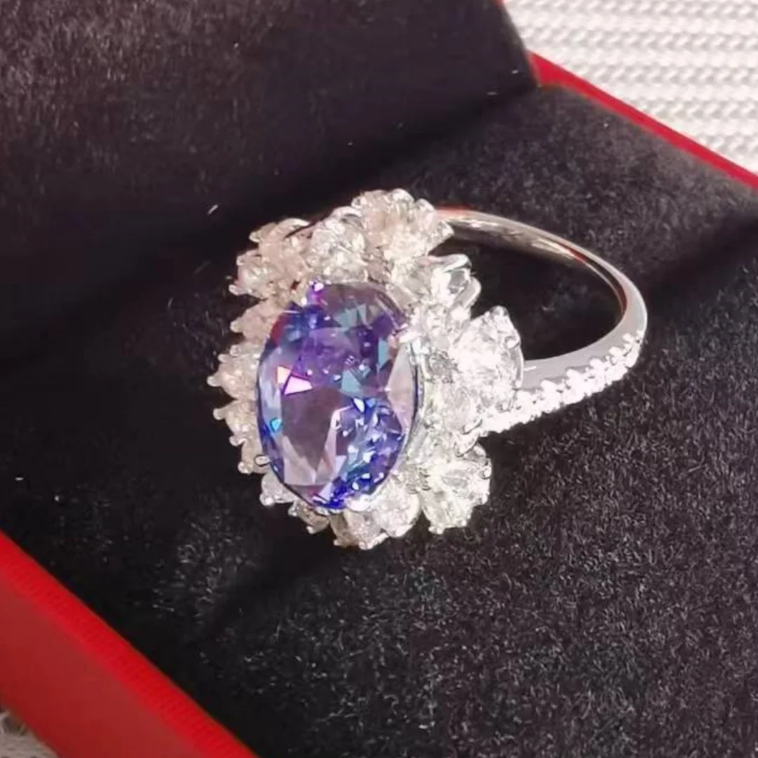 4.5Ct 12X8mm Created Blue Gem Sapphire Engagement Ring for Women Solid ...