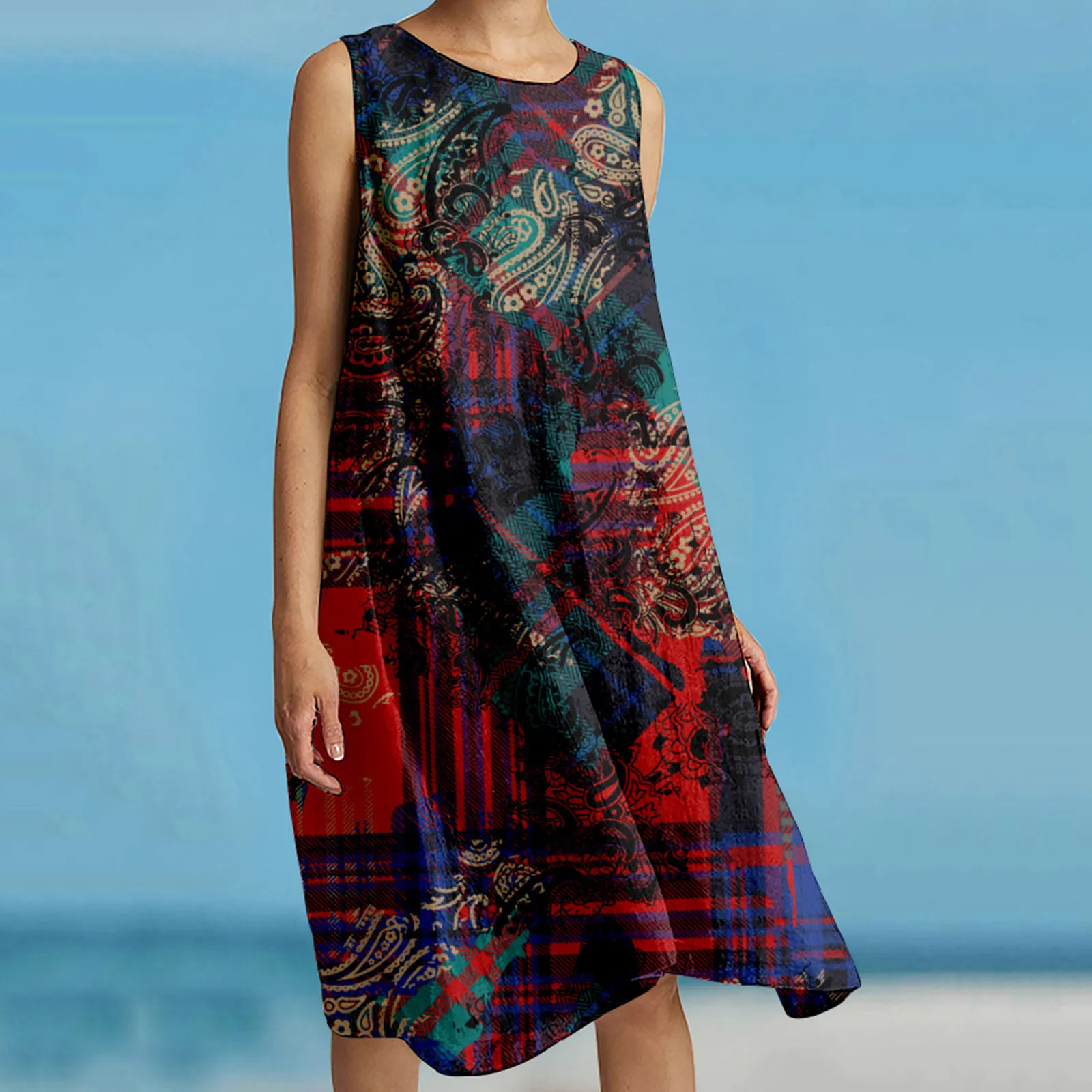 

Vintage Floral Printed National Style Dress Women Sleeveless Sundress Summer Loose Beach Long Dress Ladies Bohemia Dresses