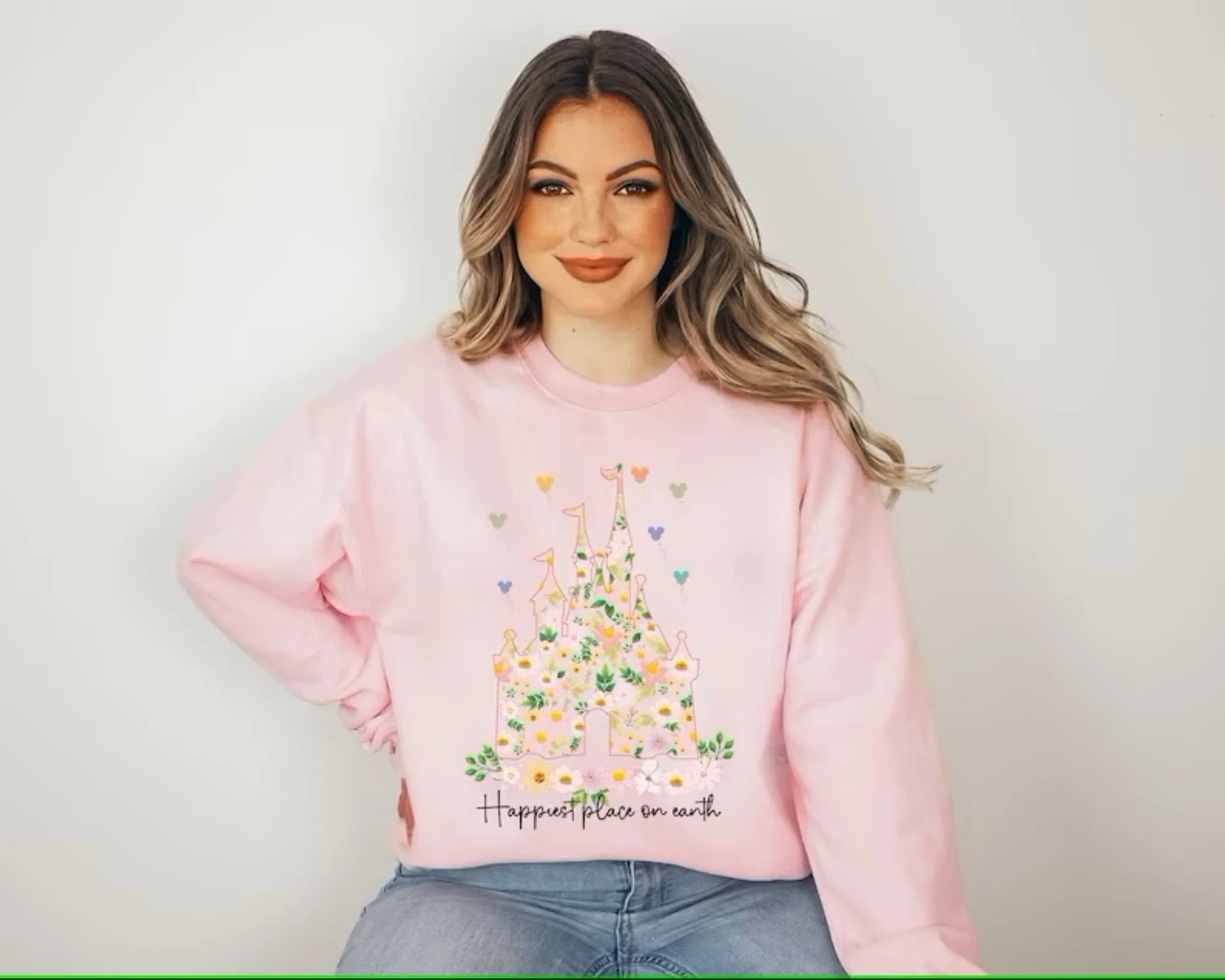 Castle Floral Sweatshirt Happiest Place on Earth Sweater Vintage Magic Kingdom Trendy Crewneck Funny Cute Sweet Cartoon Pullover