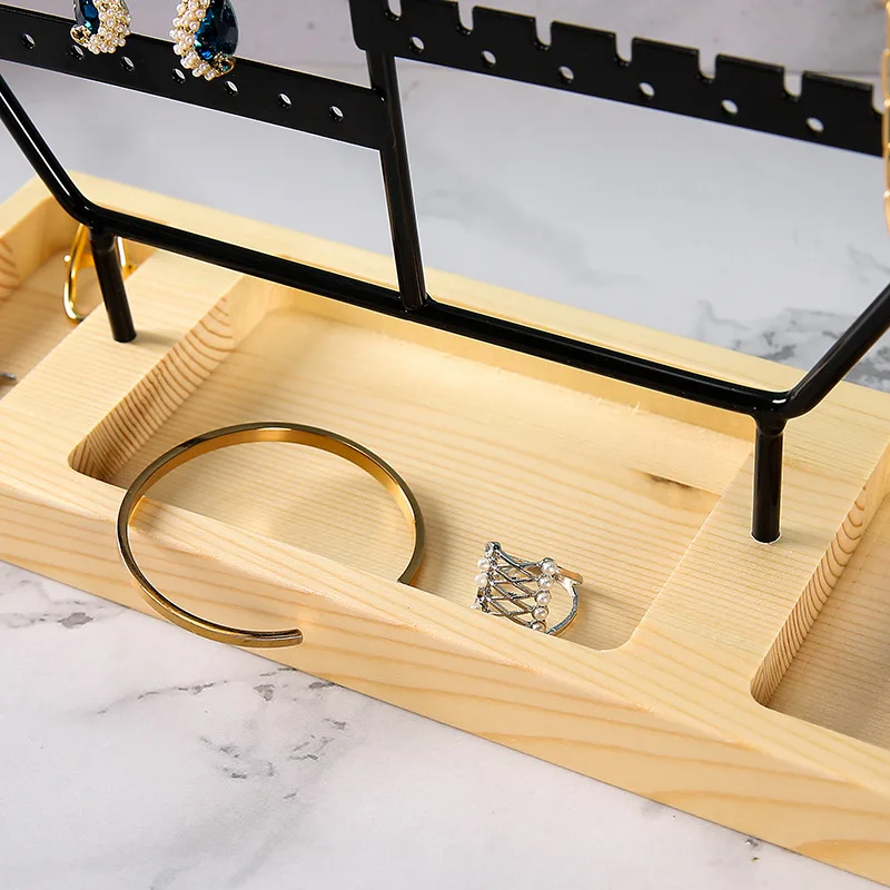 Metal Ear Studs with Wooden Base Earrings Organizer Pendant Necklace Display Stand Jewelry Holder Bracelet Presenting Rack