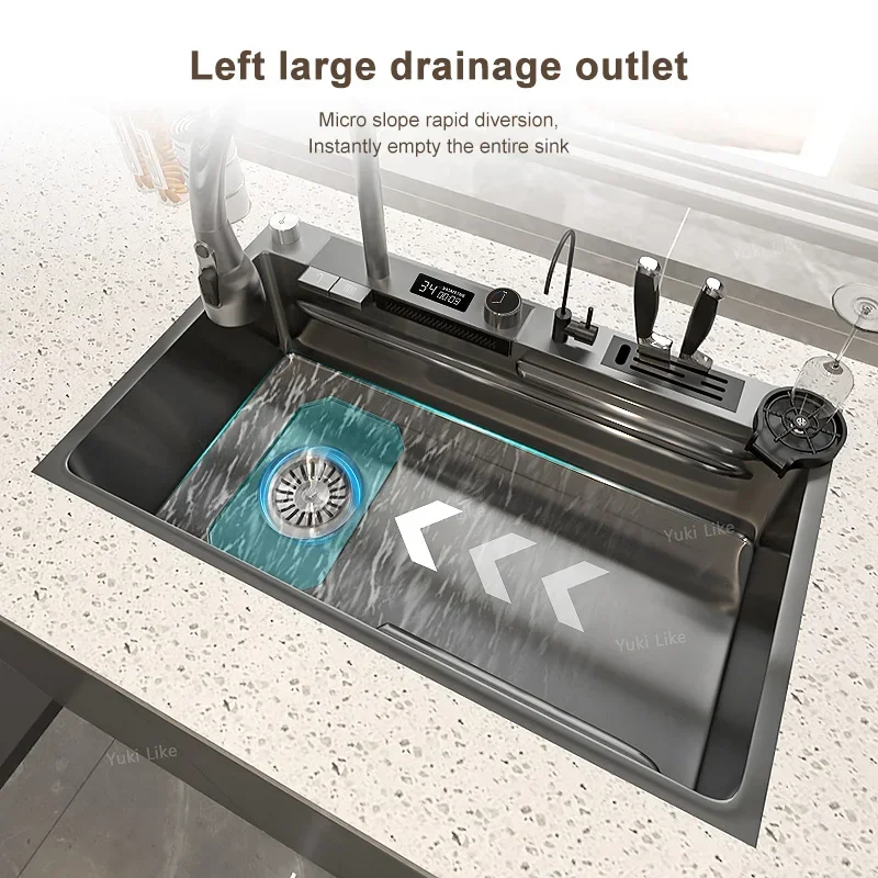 Waterfall Sink Kitchen Stainless Steel Large Single Slot Multifunctional Tank Apartment Wash Basin Drainage on the left 3