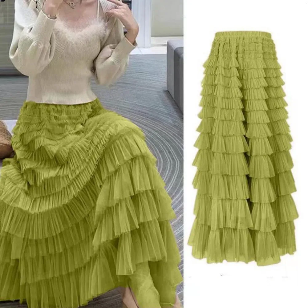 

Summer Spring Women’s Multilayer Ruffles Tulle Skirt Pleated High Waist Fluffy Maxi Skirt Fairy Cake Dress Long Tutu Party Skirt