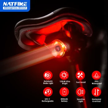 NATFIRE A09 Luce di rilevamento del freno automatico intelligente per bicicletta Ricarica USB C LED Fanale posteriore per bicicletta Luce posteriore per bici Avvisa fanale posteriore per bicicletta
