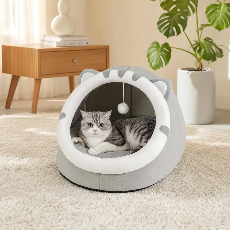 Cartoon Cat Ear Closed Cat Bed Soft Fluffy Warm Pet Nest Dog Mat with Hanging Toy Washable Cat House for Cats & Small Dogs