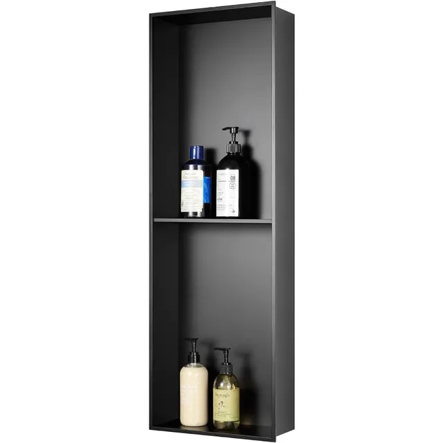 Black Shower Niche Stainless Steel, tile-ready, waterproof, storage organizer, easy installation