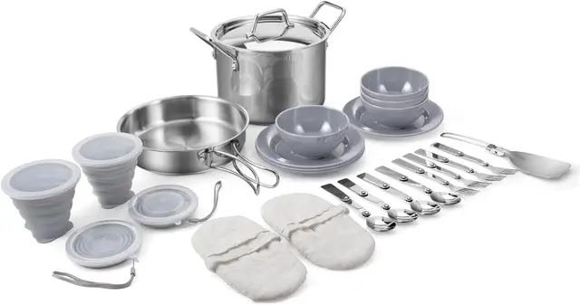 Camping Cooking Set-27 Pcs Stainless Steel Pots & Pans Open Fire