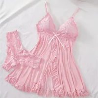 Ensemble de Lingerie Sexy pour femmes, soutien-gorge érotique, chemise de nuit, vêtements de nuit en dentelle, couleur unie, Slim, robes douces, col en V, Slip complet, vêtements de nuit et robes 1
