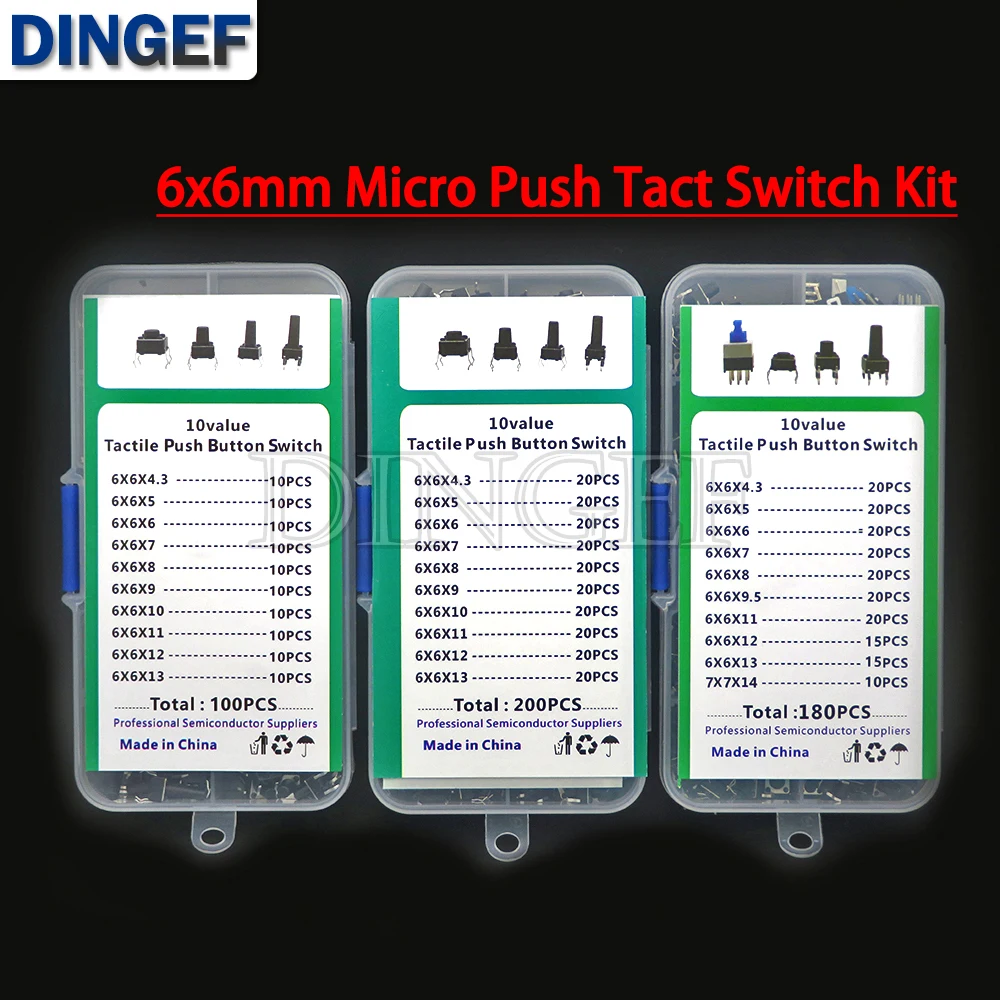 Push Tact Switch 100/180/200PCS 6x6mm Micro Push Tact Switch Kit 6x6 Mini Tactile Toggle Touch Button PCB Momentary 4pin Pushbutton