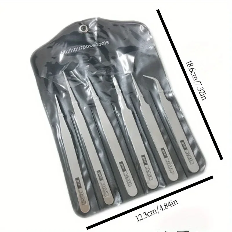 6Pcs Stainless Steel Precision Tweezers Set Industrial Grade Bent & Straight