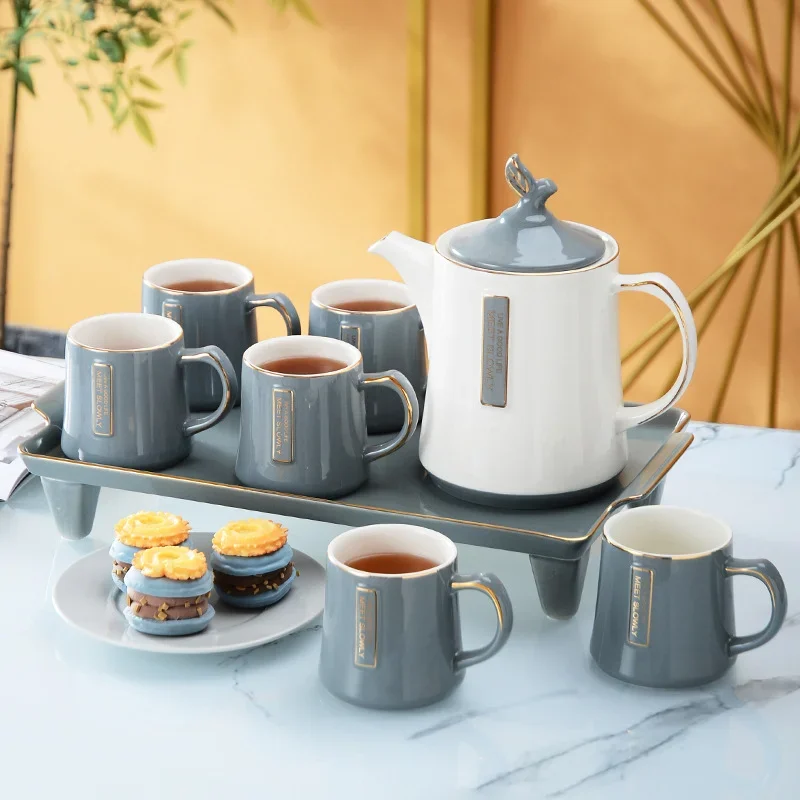 

Nordic Simple Ceramic Coffee Tea Set Modern Light Luxury Household 1pot 6cups 1tray Water Sets Gift Box Coffee Pot Bar Decora