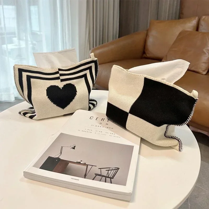 Nordic Ins Heart-pattern Knitted Tissue Bag Living Room Table Tissue Box Paper Storage Desktop Decorative Tissue Case Paper Box 2