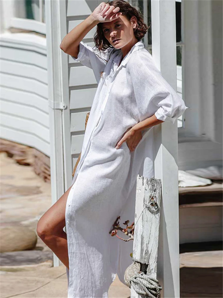 Postimpressionisme input Mentalt Bohemian Turn-down Collar White Solid Plus Size Long Kimono Dress 2023  Summer Clothing Elegant Women Beach Wear Maxi Dress A2023 - AliExpress