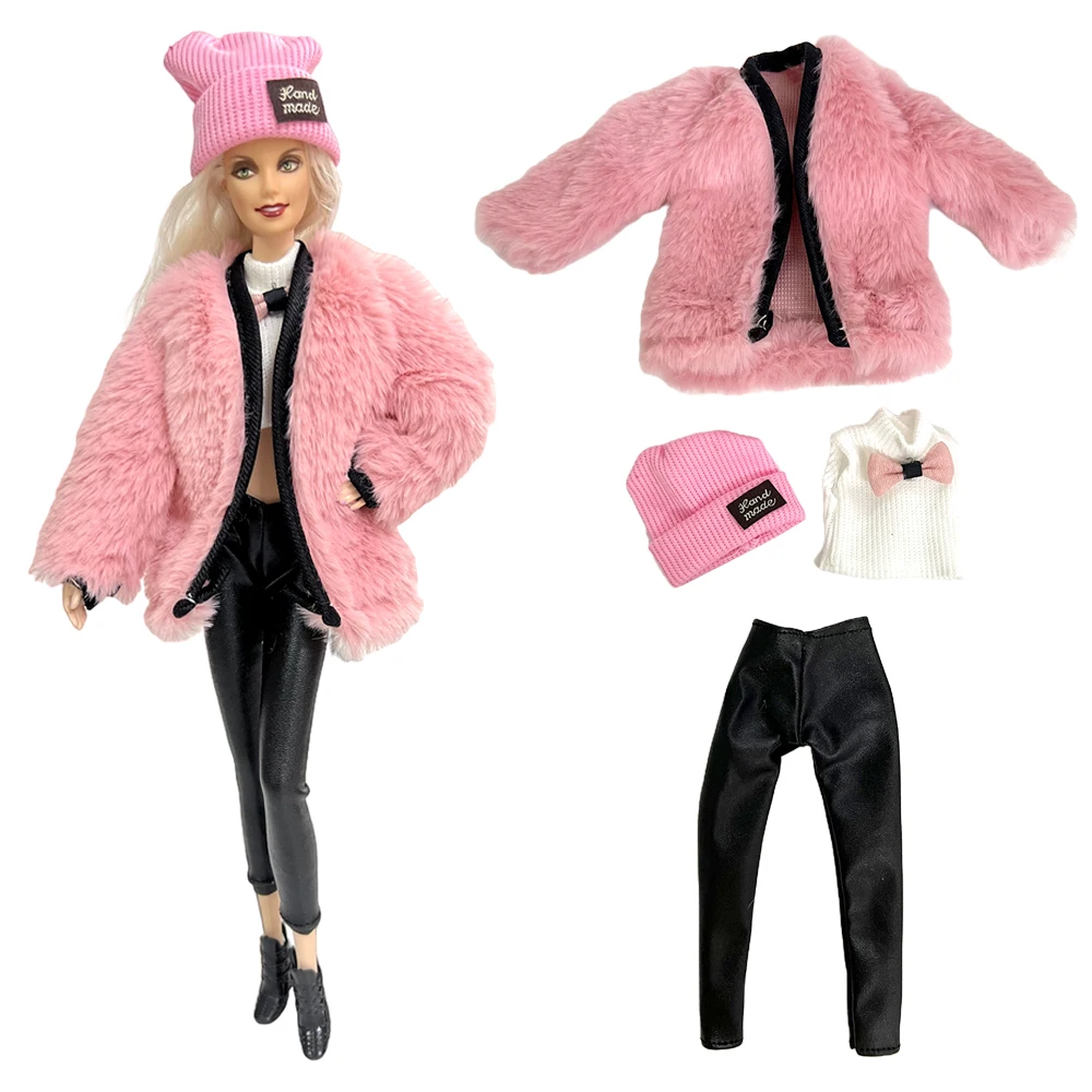 

NK 1 Set Pink knitted hat + cute bow shirt + pink coat + trousers For Barbie Doll 1/6 Toy Accessories birthday present Gift