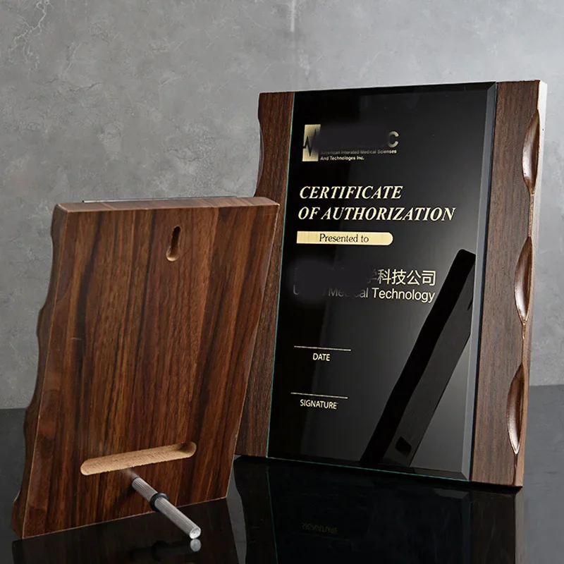 Customized Walnut Color Wooden Medal, Custom Partner Honor Plaque, Black Crystal Trophy, Home Decorations, Metal, Wheat Ear, 1Pc