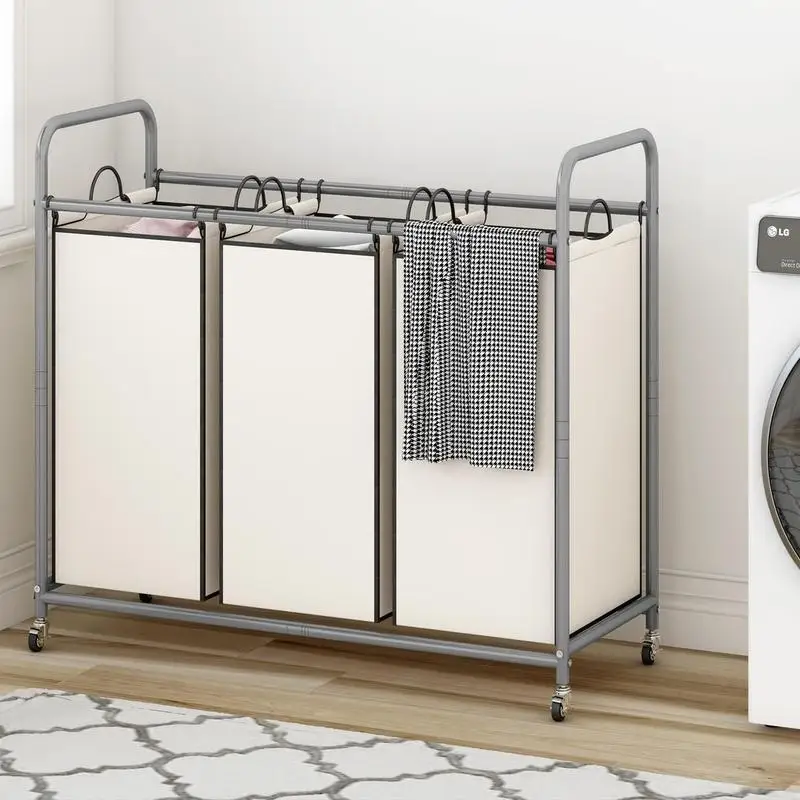 3-Bag Laundry Basket Hamper Laundry Sorter Cart laundry room organization with Heavy Duty Rolling Lockable Wheels Removable Bags