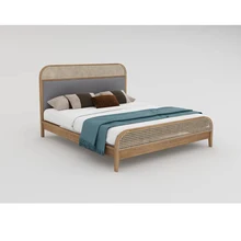  Solid wood rattan woven bed modern simple 1.8 meter double bed Nordic Japanese-style master bedroom retro bed 