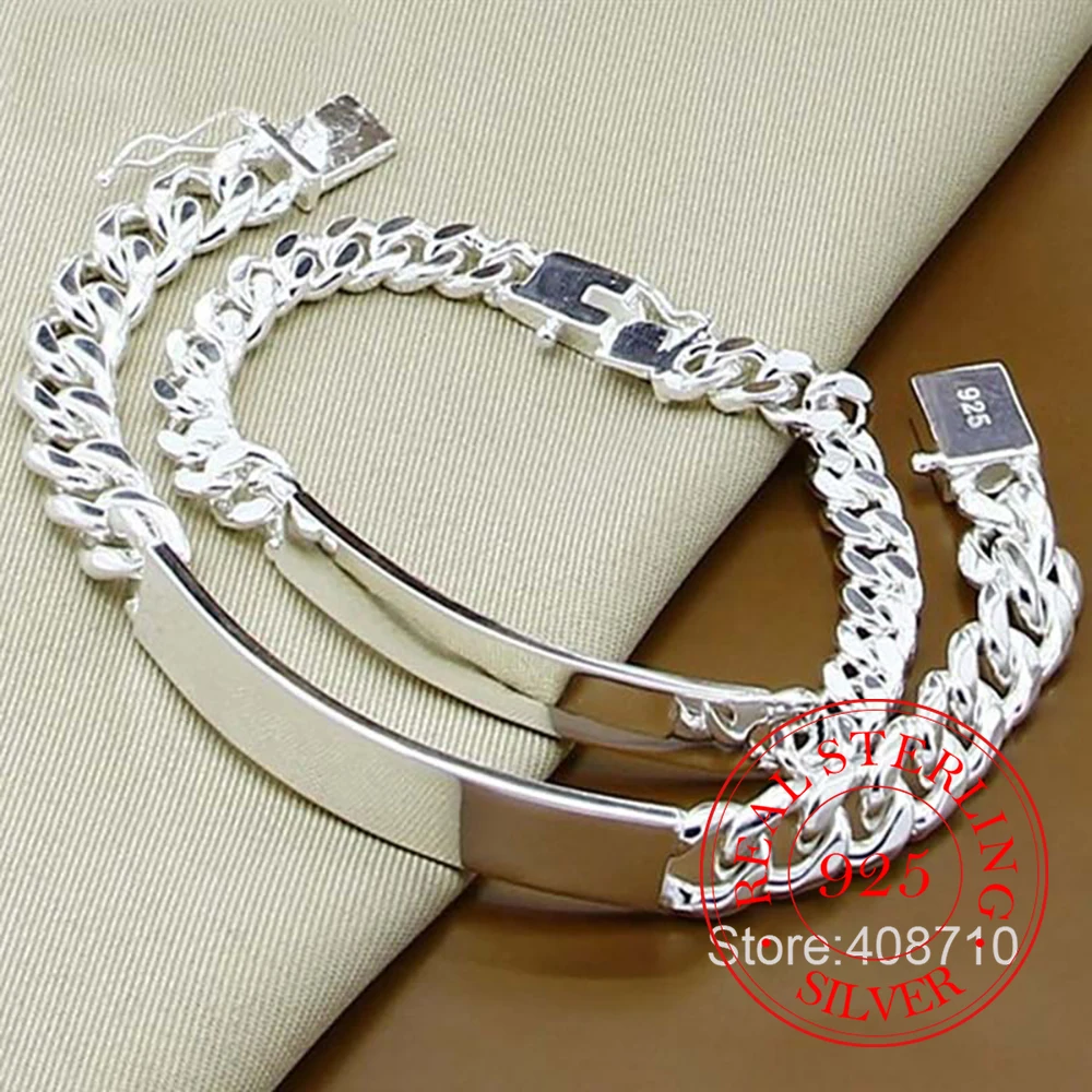 

Pure 925 Sterling Silver 2pcs Bracelet 8mm/10mm Smooth Sideways Chain Bracelets For Men Women Wedding Engagement Party Jewelry