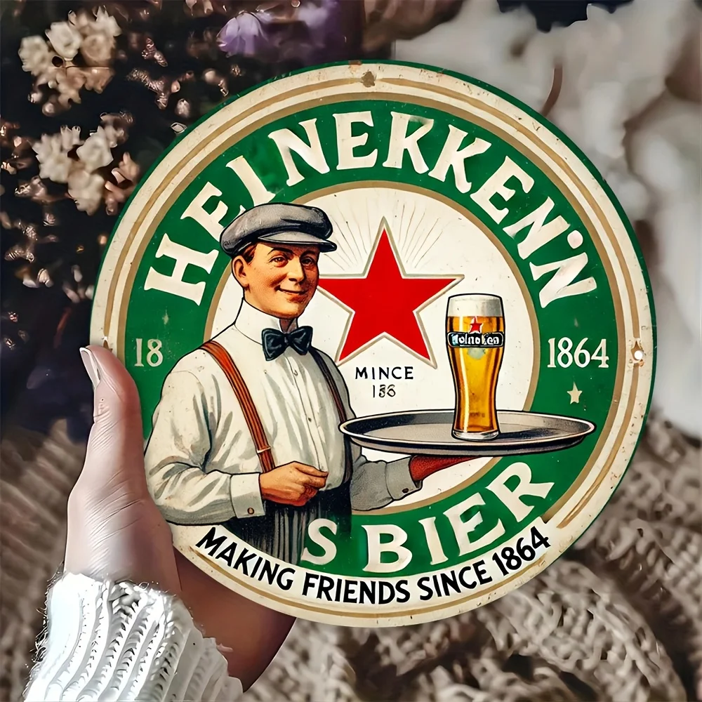2D 플랫 빈티지 맥주 금속 벽 장식 8x8인치 원형 알루미늄 장식 플라크 1864년부터 친구들이다 레트로 그린 디자인 벽 장식