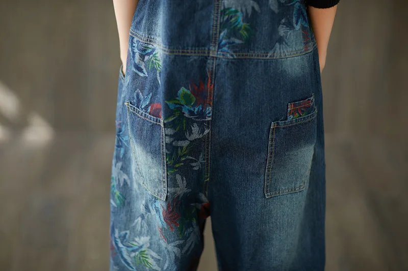 Women Wide Leg Suspenders Bib jean Jumpsuits Vintage Printed denim Overalls Big size Bleached Drop Crotch Denim Rompers Pants
