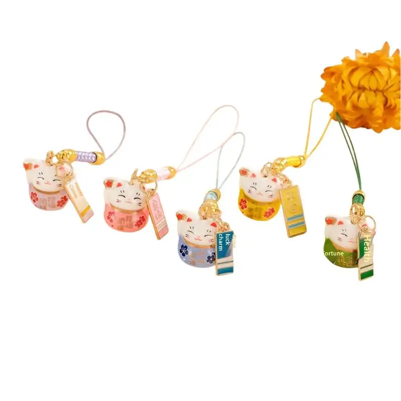 1 Stück chinesischer Stil Metall Keramik Glückskatze Handykette – Lucky Maneki Neko Anhänger Schlüsselanhänger Cartoon Schmuckstück – Detail 5