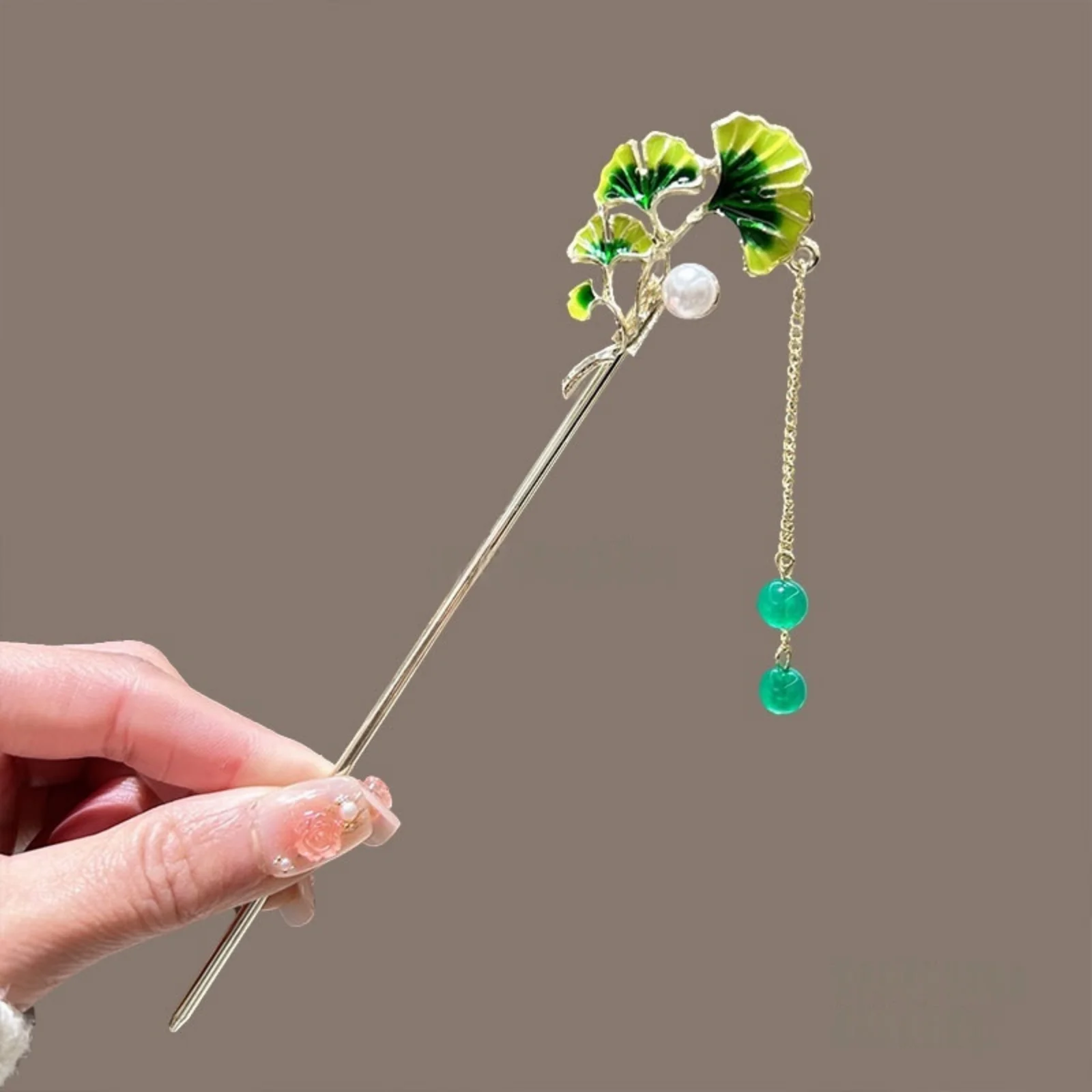 1PC Chinese - Style Ginkgo Leaf Hairpin, Handmade Hair Accessory with Pearl & Green Bead Tassel, Ideal for Traditional Updos