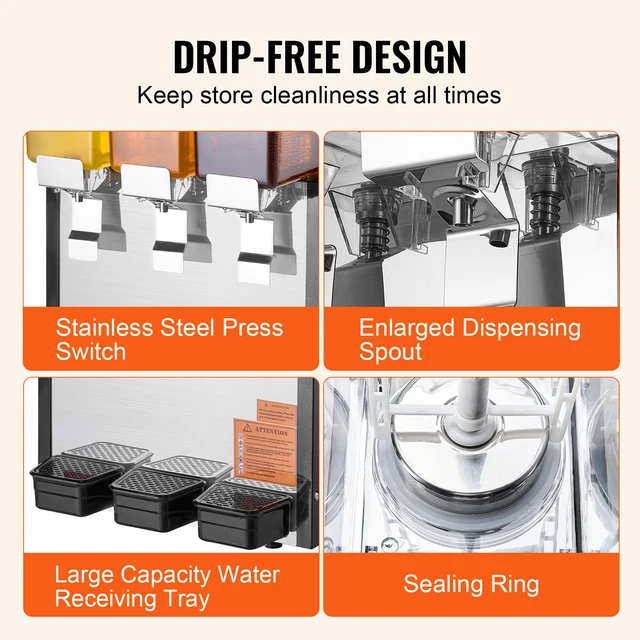 SucceBuy 3 Tanks Commercial Beverage Dispenser 10L/18L Per Tank Juice Dispenser Stainless Steel Ice Tea Drink Machine for Drink 3