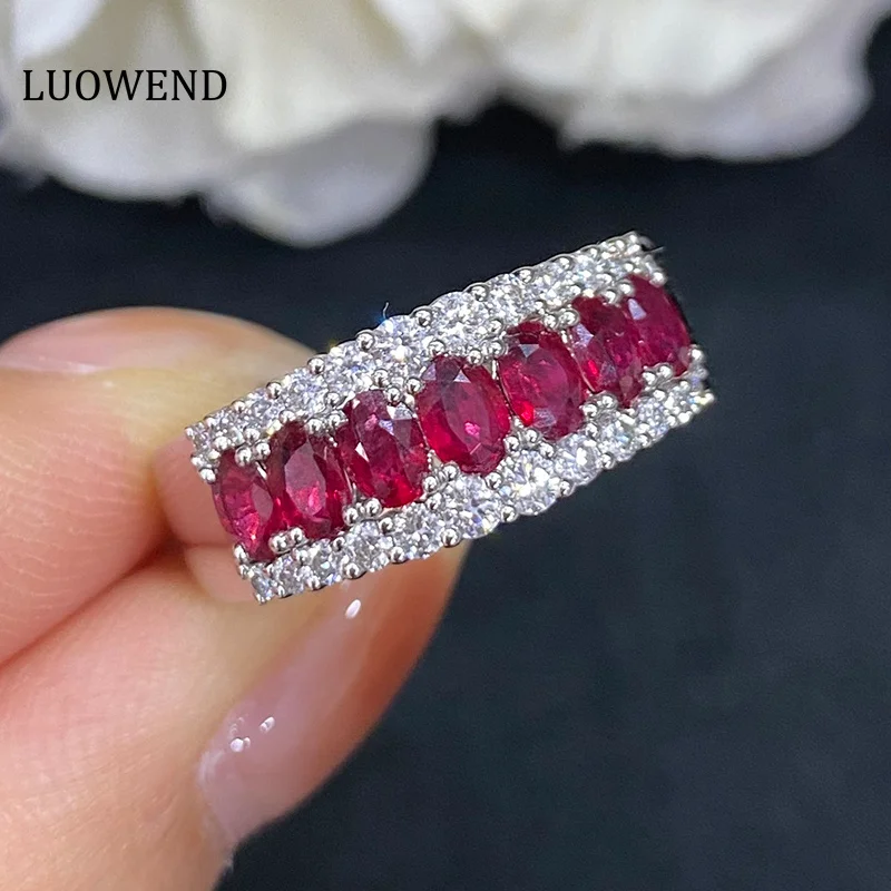 LUOWEND 18K White Gold Rings Shining Natural Ruby Ring Luxury Gemstone Classic Square Design Women Wedding Ring square velvet ring box high quantity ring storage for 2 rings earing holder display case solid color jewelry display box