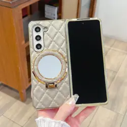 Luxury Leather Phone Case with Cosmetic Mirror Holder and Bracket for Galaxy Z Fold4 (GRAY)