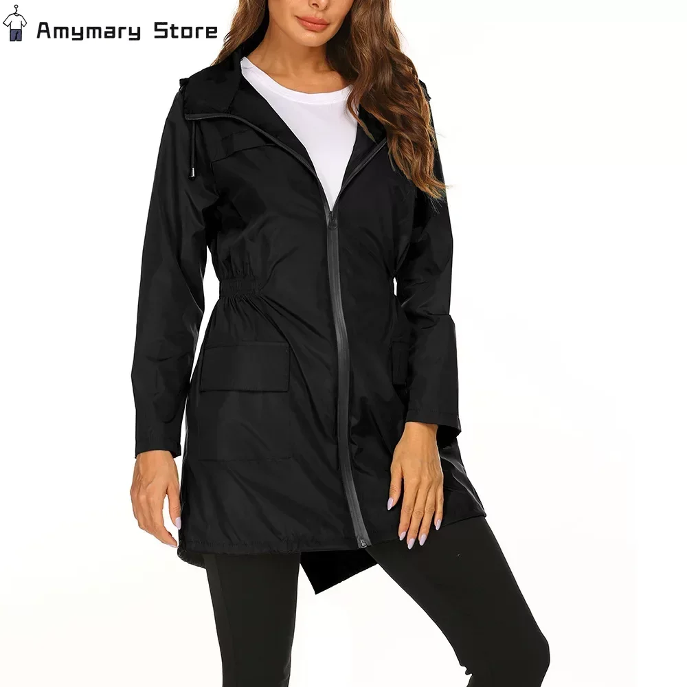 Impermeável leve para mulheres, jaqueta com capuz impermeável, corta-vento monocromático feminino, longas caminhadas e escaladas, casacos de chuva, outwear para exterior