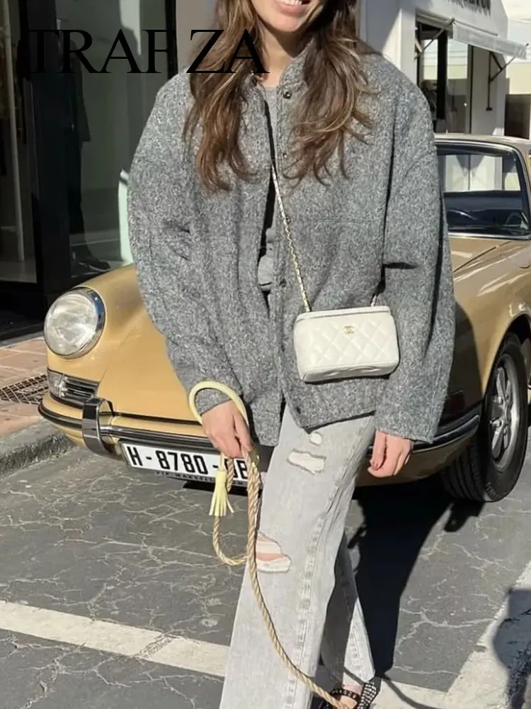 TRAFZA Women Elegant Solid Coat Button Long Sleeve Pocket Bomber Jacket Autumn Winter Female Casual Loose Streetwear Coats 4