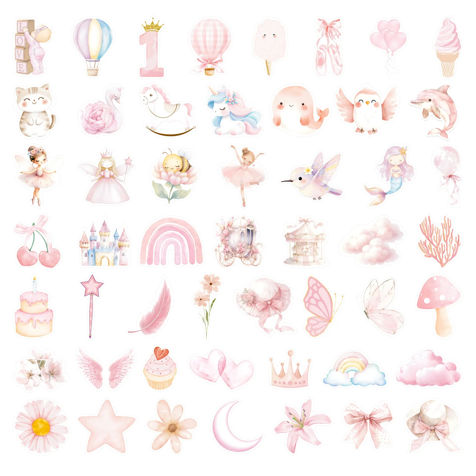 50Pcs 귀여운 핑크 수채화 공주 스티커 데칼 노트북 스크랩북 수하물 기타 헬멧 DIY 낙서 미적 스티커