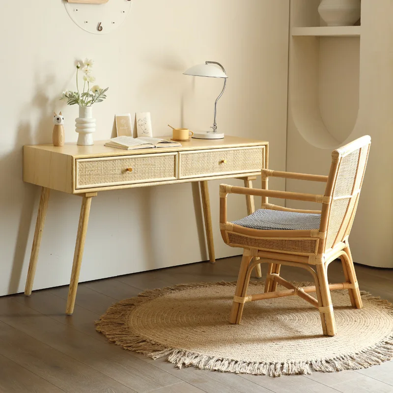 

Nordic solid wood desk, bedroom, study desk, Japanese desktop rattan writing desk, home minimalist modern office desk