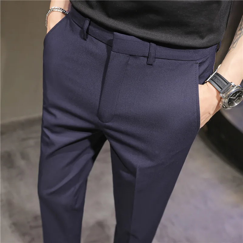2025 Summer Thin Navy Blue Micro Elastic Ankle-Length Pants for Men, Khaki Small Footed Men's Casual Cropped Trousers,Asian Size 2