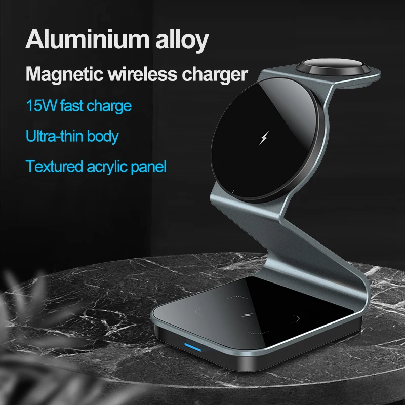 

New arrival 3 in 1 magnetic wireless charger aluminium alloy magsafe charger suitable for Apple fast charger