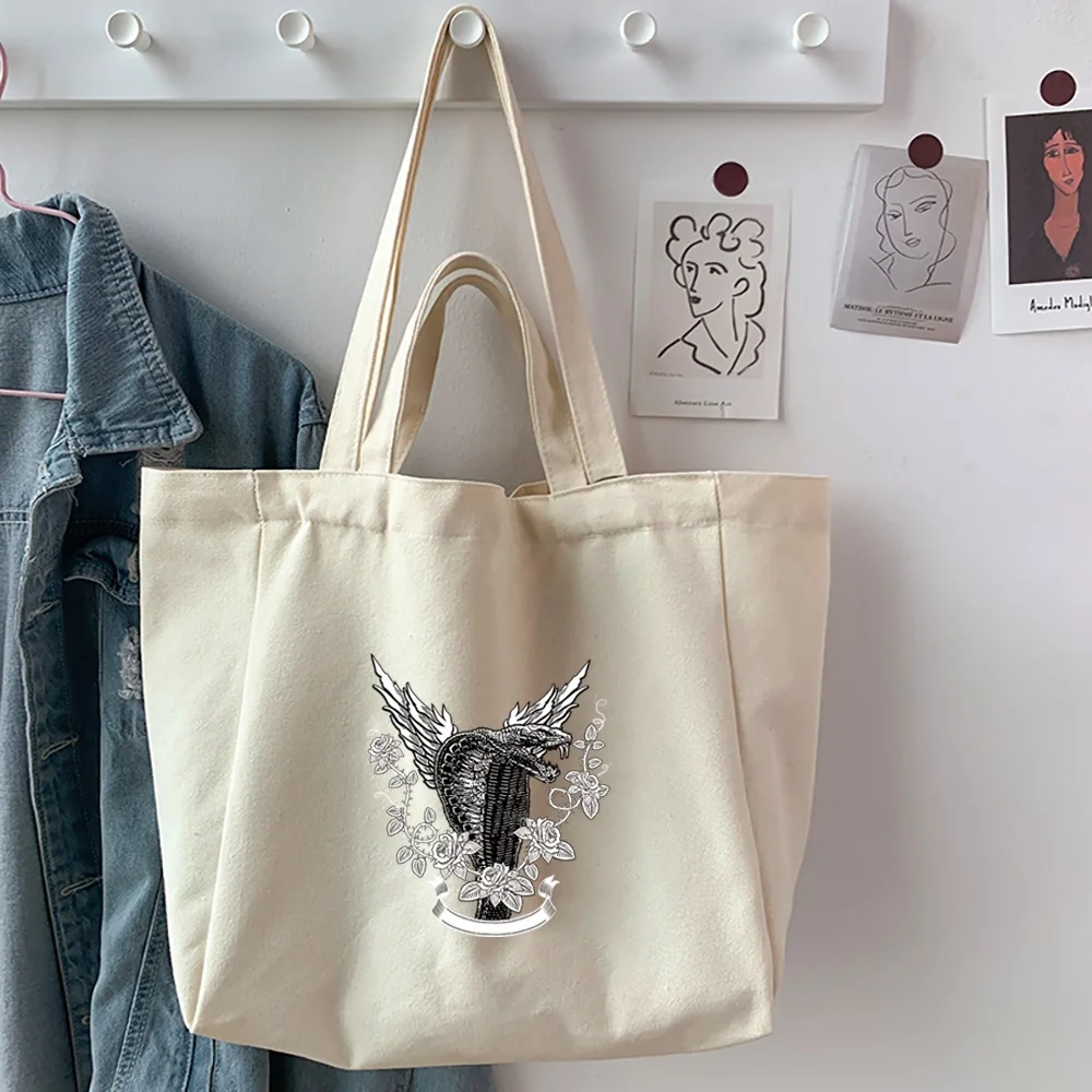 Women Canvas Shoulder Bag Cobra Print Ladies Casual Handbag Tote Bags Reusable Large Capacity Shopping Travel Work Bag