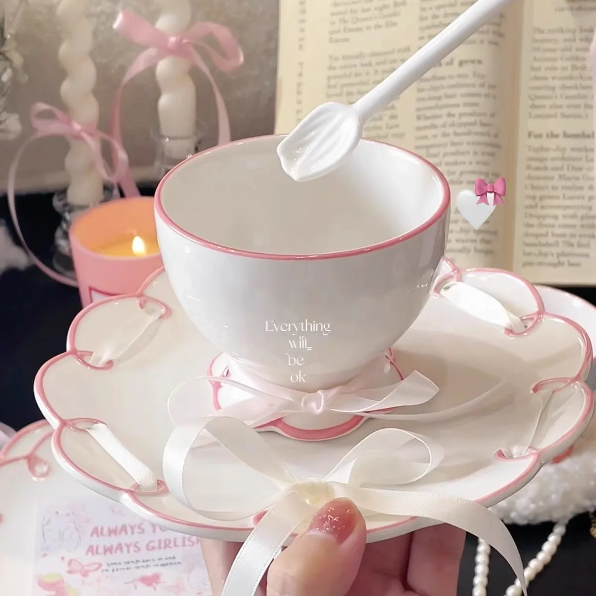 250ML Cute Pink Irregular Ceramic mug Flower Heart Pattern Coffee Cup Breakfast Milk tea cups Gift For Girls 3