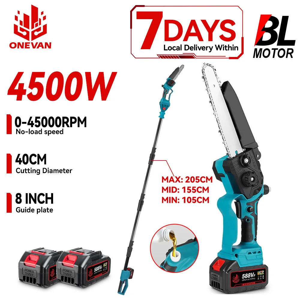 ONEVAN 4500W Brushless Electric Telescoping Pole Chainsaw 8Inch High Branch Saw Tree Pruning Garden Tools For ONEVAN 18V Battery