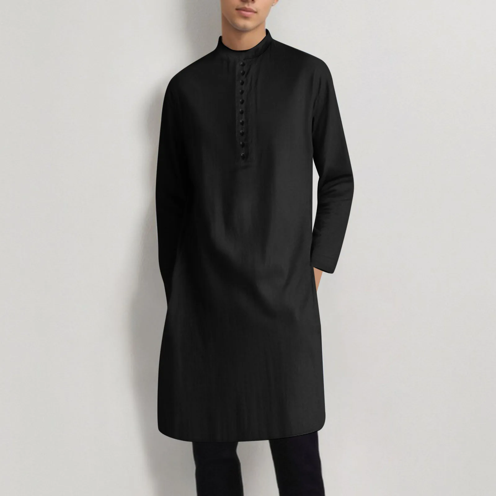 

Mens Summer Muslim Robe Middle Eastern Arab Dubai Islam Robe Solid Color Long Sleeve V Neck Button Design Long Mens Prayer Robe